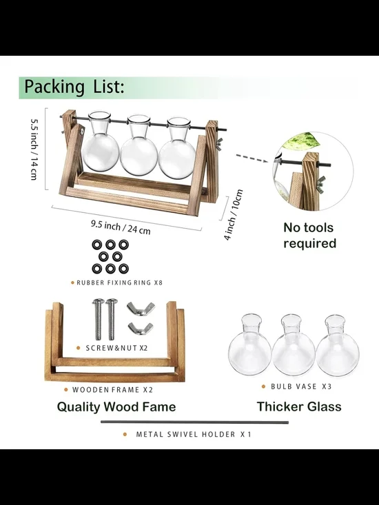 Tri-Glass Hydroponic Plant  Propagation Vases with Wooden Stand Terrariums Bulb - Picture 3 of 4